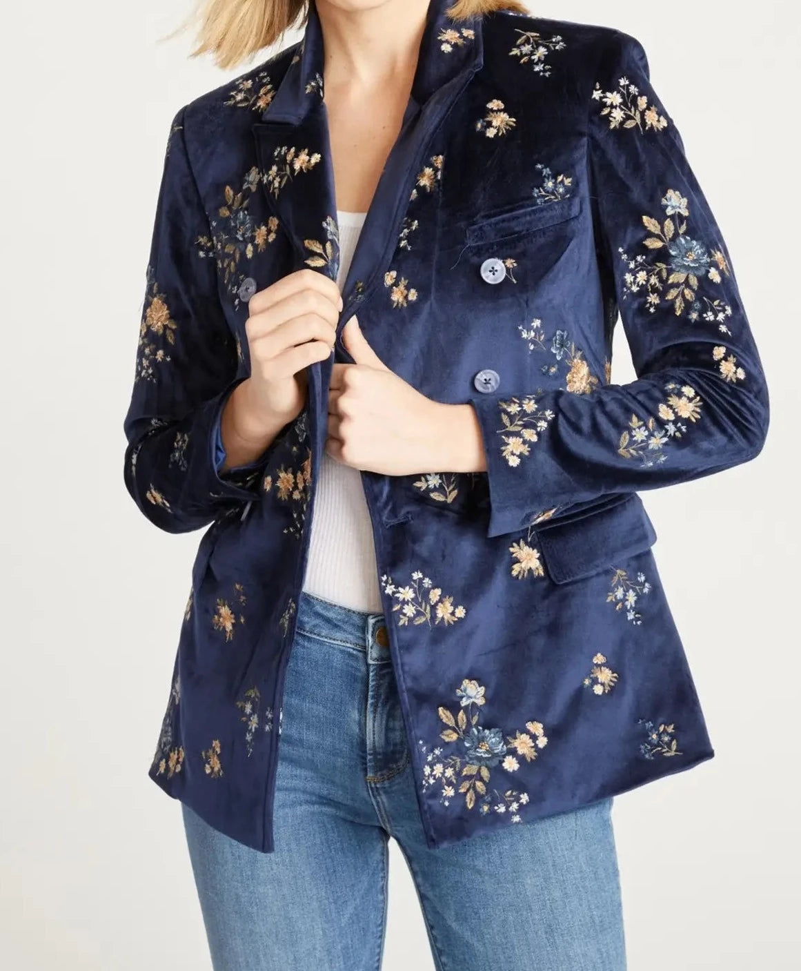 Velvet Blazer In Navy X Speck Embroidery-Clothing - Women-Driftwood-S-Urbanheer