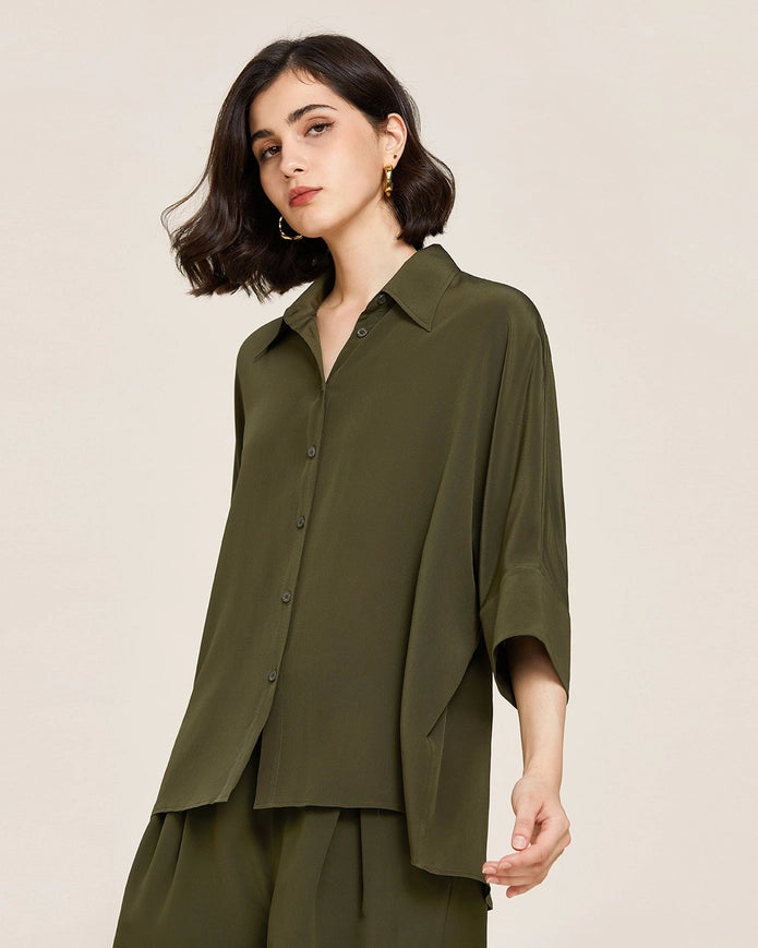 Weekend Oversize Silk Blouse Olive Green-BLOUSE-MommeSilk-XS-Urbanheer