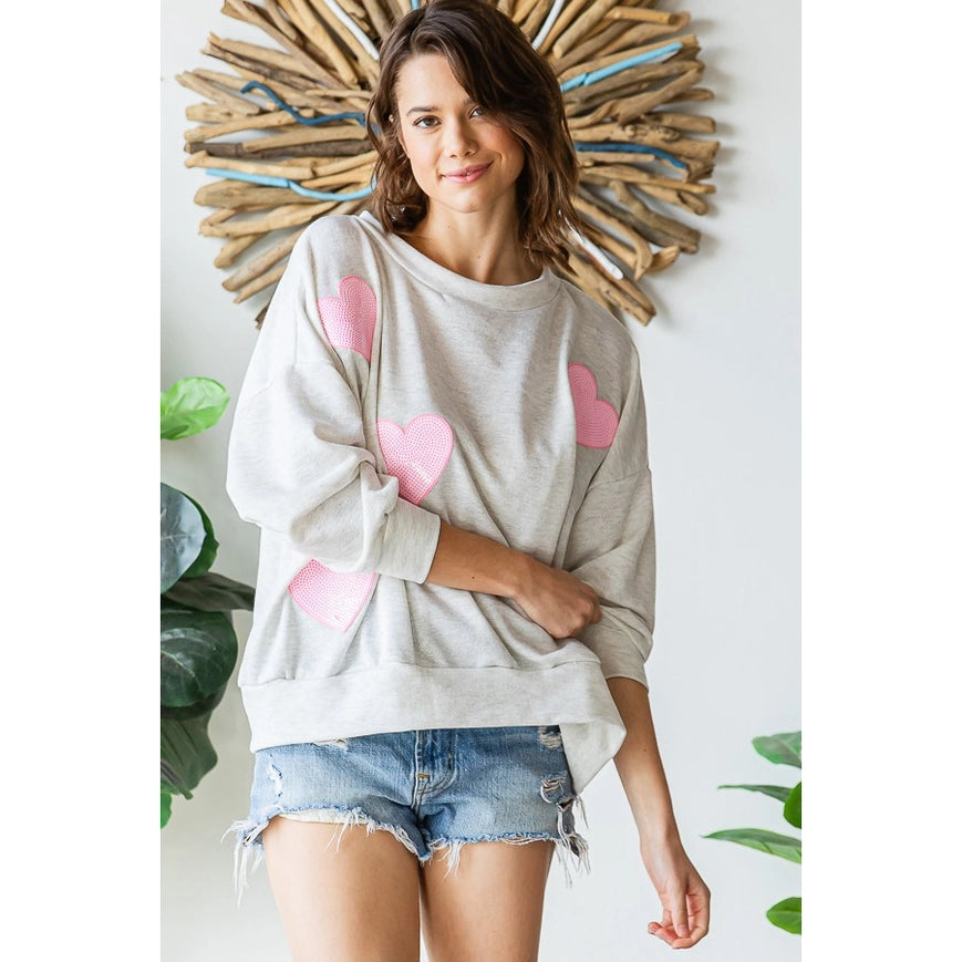 Sequined Heart Patch Sweatshirt-Sweatshirt-Peace Love Line-S-H GREY/PINK HEARTS-Urbanheer