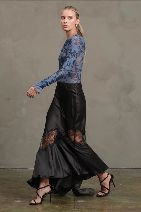 Satin Bias Lace Panel Skirt