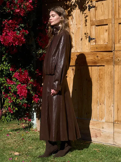 Faux Leather Mock Neck Zip-Up Bomber Jacket
