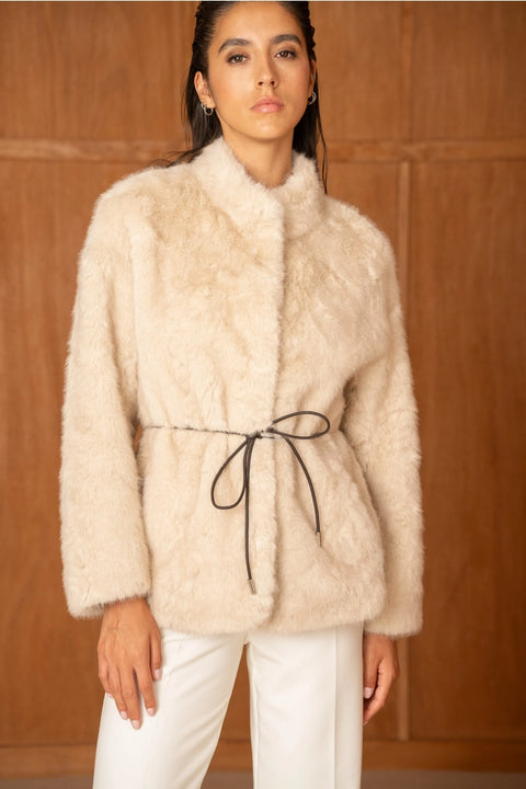 Mid-Length Belted Jacket with A High Faux-Fur Collar