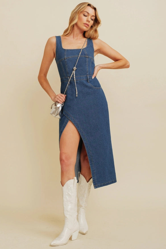 Denim Side Slit Midi Dress.-Dresses-Cloud Ten-S-Denim-Urbanheer