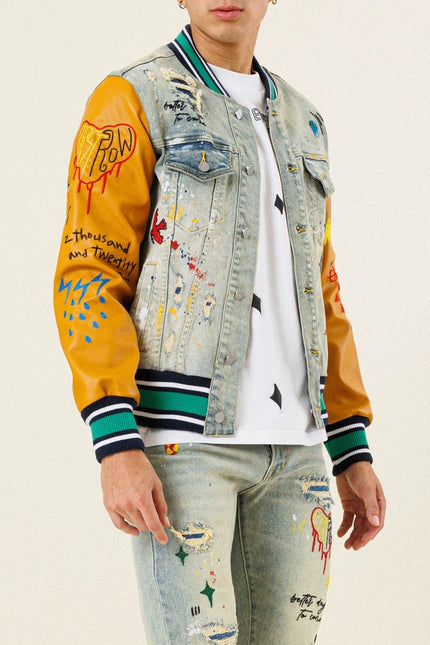 All Over Embroidered Varsity Denim Jacket-Jacket-First Row-Urbanheer