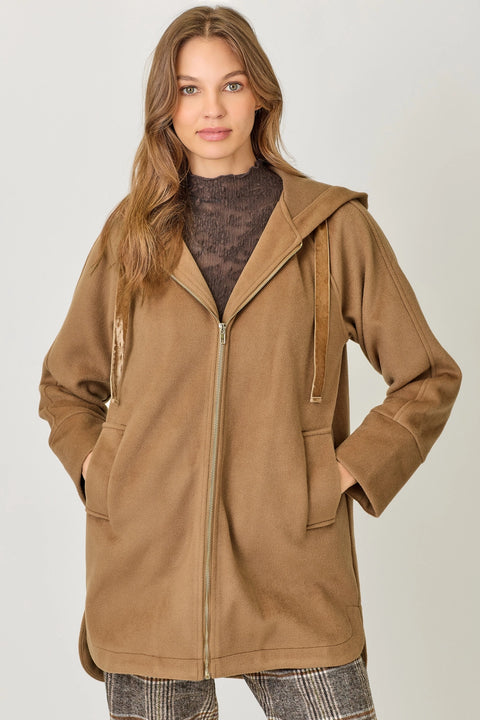 Hoodie Zip-Up Coat - Camel