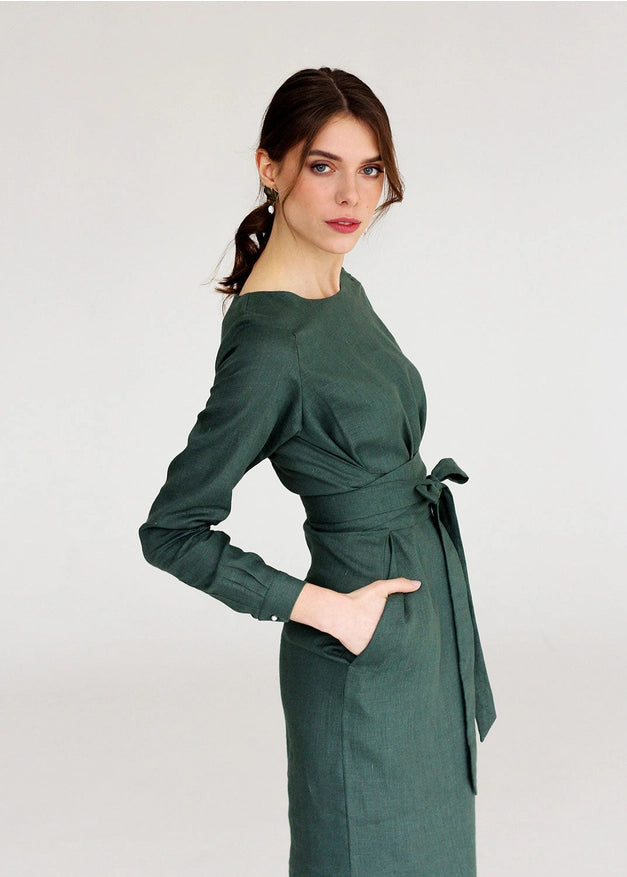 Moss Green Wrap Linen Belted Bridesmaid Dress For Women Long-Dress-Nich Linen-XXS-Urbanheer