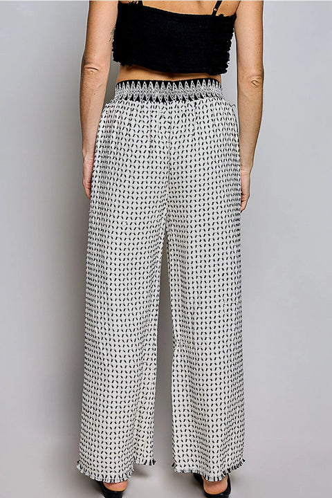 Allover Open-Weave Pattern Waistband Wide-Leg Pants