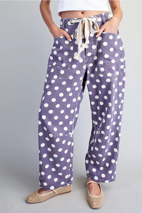 Polka Dot Front Tie Barrel Pants