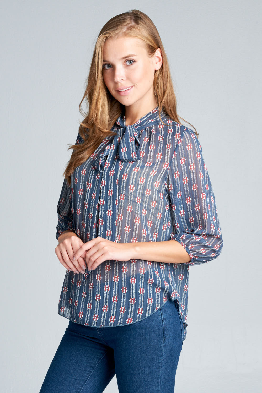 3/4 SLEEVE PAISLEY BLOUSE WITH A NECKTIE DETAIL-New Arrival-Reneecollection-Urbanheer