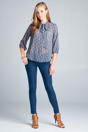 3/4 SLEEVE PAISLEY BLOUSE WITH A NECKTIE DETAIL-New Arrival-Reneecollection-Urbanheer