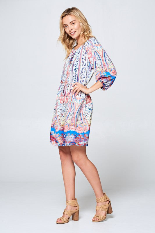 3/4 SLEEVE PRINT DRESS WITH TIE-New Arrival-Reneecollection-Multi-Small-Urbanheer