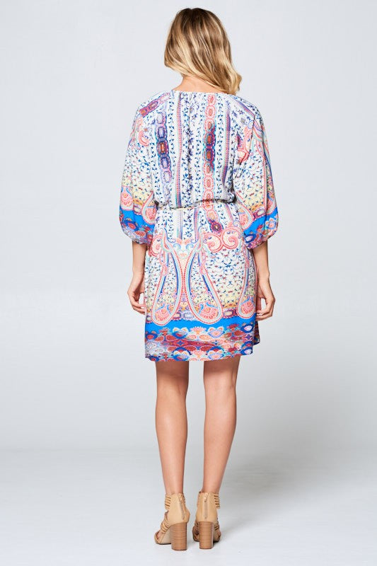 3/4 SLEEVE PRINT DRESS WITH TIE-New Arrival-Reneecollection-Multi-Small-Urbanheer