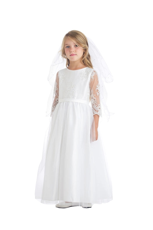 3/4 Sleeve Lace Top with Ankle Length Satin & Tulle-Dress-Sweet Kids, Inc.-2-White-Urbanheer