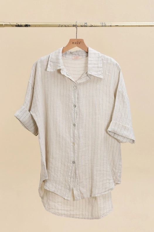 3/4 Sleeve Striped Linen Shirt-Shirts-NAÏS PARIS-One size-Beige-Urbanheer
