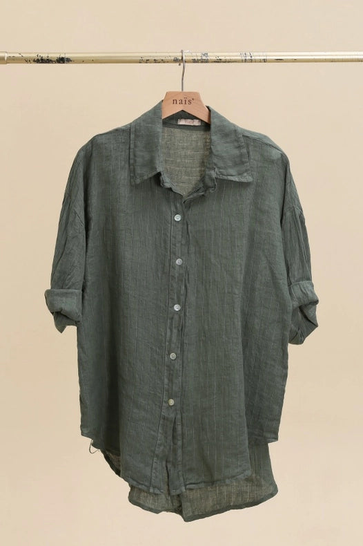 3/4 Sleeve Striped Linen Shirt-Shirts-NAÏS PARIS-One size-Khaki-Urbanheer