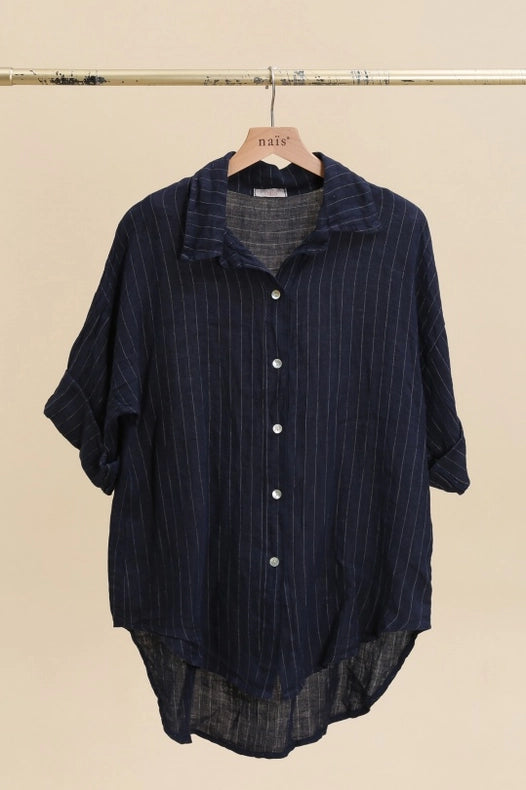 3/4 Sleeve Striped Linen Shirt-Shirts-NAÏS PARIS-One size-Navy Blue-Urbanheer
