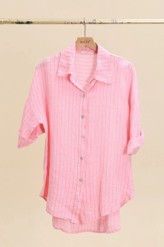 3/4 Sleeve Striped Linen Shirt-Shirts-NAÏS PARIS-One size-Pastel pink-Urbanheer