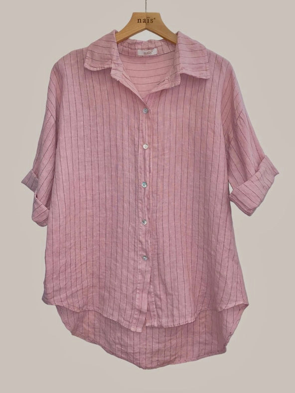 3/4 Sleeve Striped Linen Shirt-Shirts-NAÏS PARIS-One size-Pink-Urbanheer