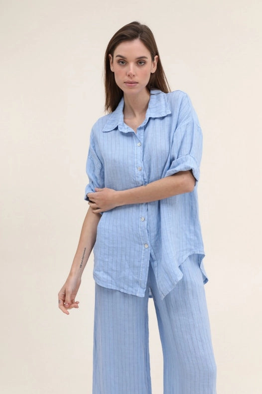 3/4 Sleeve Striped Linen Shirt-Shirts-NAÏS PARIS-One size-Sky Blue-Urbanheer