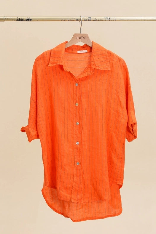 3/4 Sleeve Striped Linen Shirt-Shirts-NAÏS PARIS-One size-Tangerine-Urbanheer