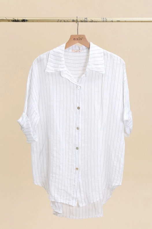 3/4 Sleeve Striped Linen Shirt-Shirts-NAÏS PARIS-One size-White-Urbanheer