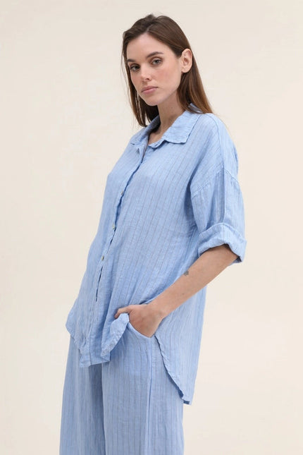 3/4 Sleeve Striped Linen Shirt