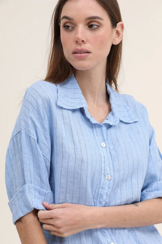 3/4 Sleeve Striped Linen Shirt-Shirts-NAÏS PARIS-One size-Beige-Urbanheer