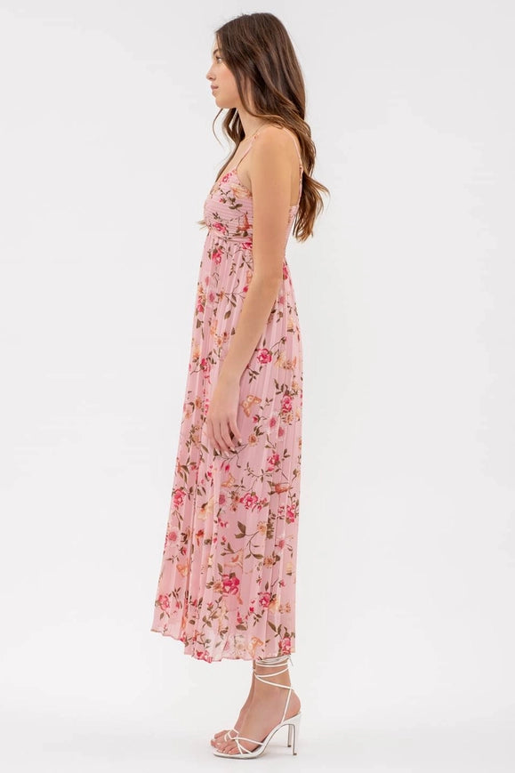 Bird and Floral Print Pleated Midi Dress-Dress-Blu Pepper-PINK MULTI-Urbanheer