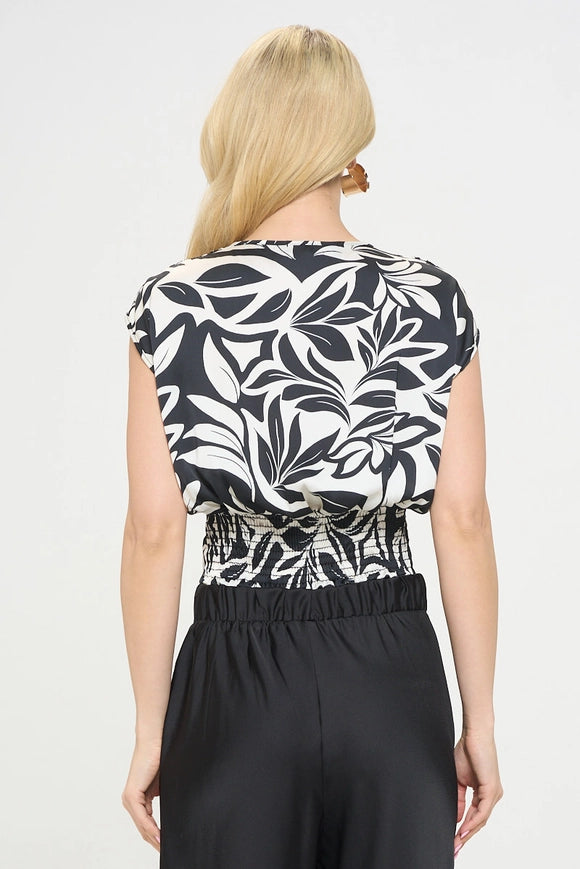 Satin Floral Print V Neck Crop Top W Smock Back-TOP-Renee C.-S-Urbanheer