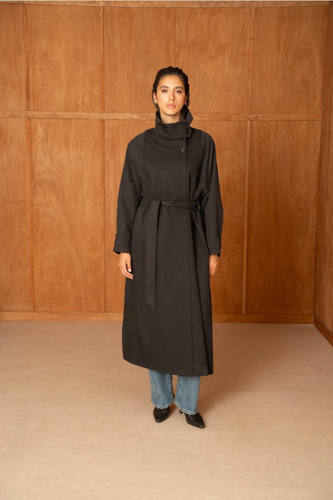 Utility Oversized Long Belted Trench with Stand-Up Collar