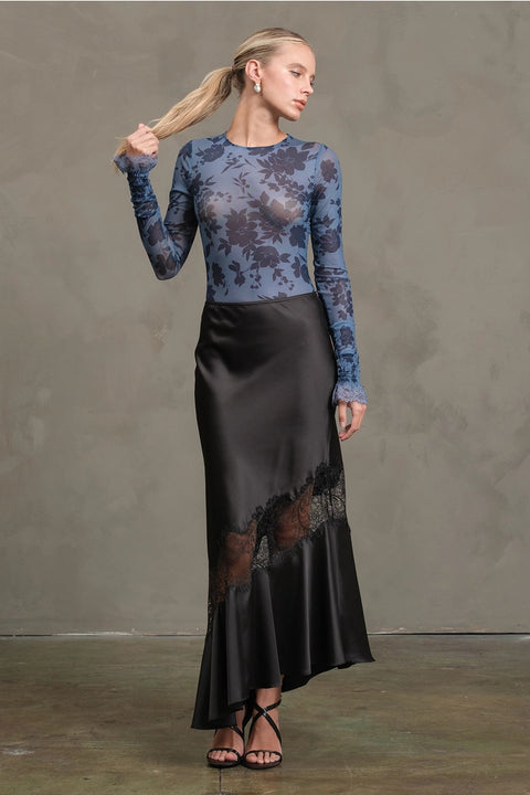 Satin Bias Lace Panel Skirt