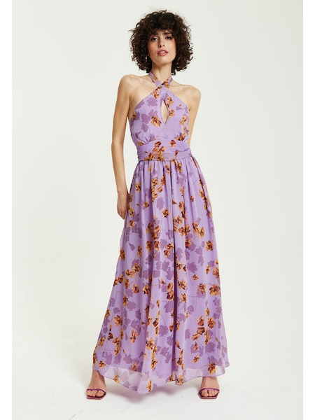 Liquorish Purple Floral Halter Neck Dress-Liquorish-6-Urbanheer