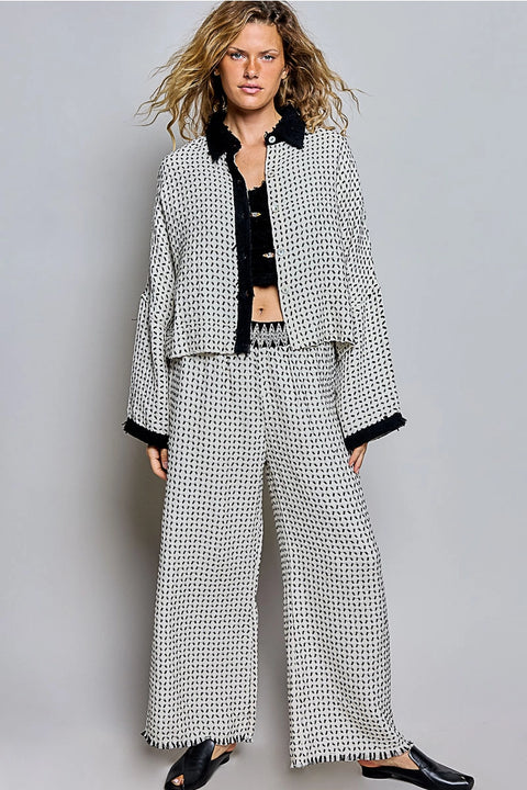 Allover Open-Weave Pattern Waistband Wide-Leg Pants