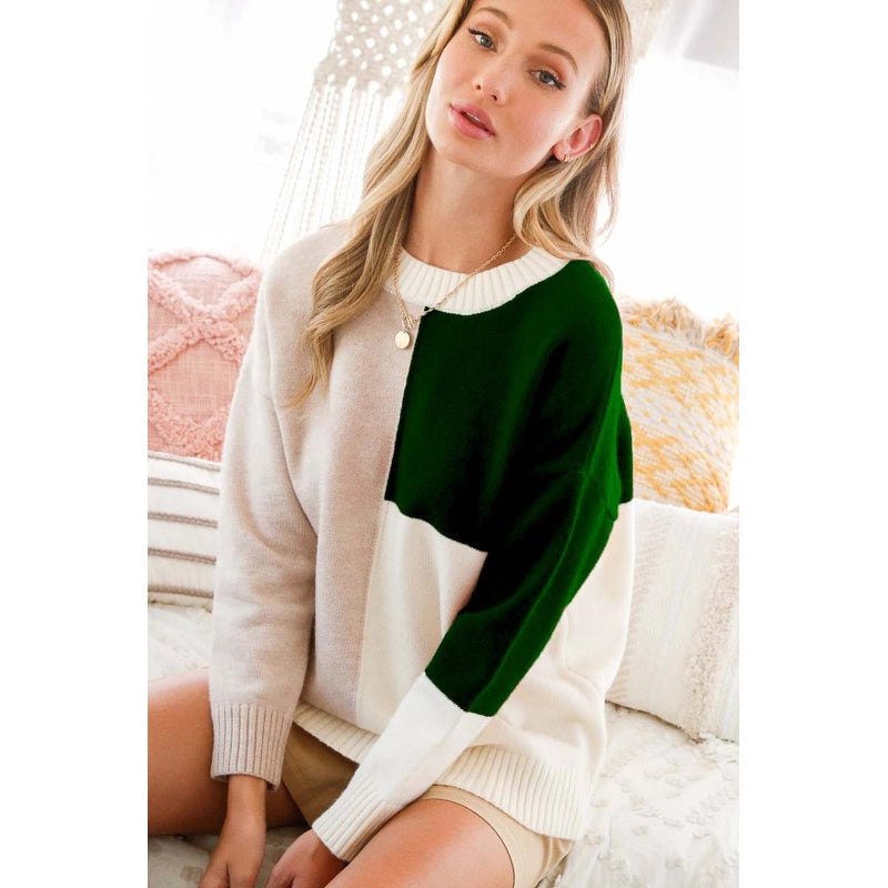 Long Sleeve Drop Shoulder Color Block Sweater Top-Sweater Top-Pink Irene Wholesale-S-Urbanheer