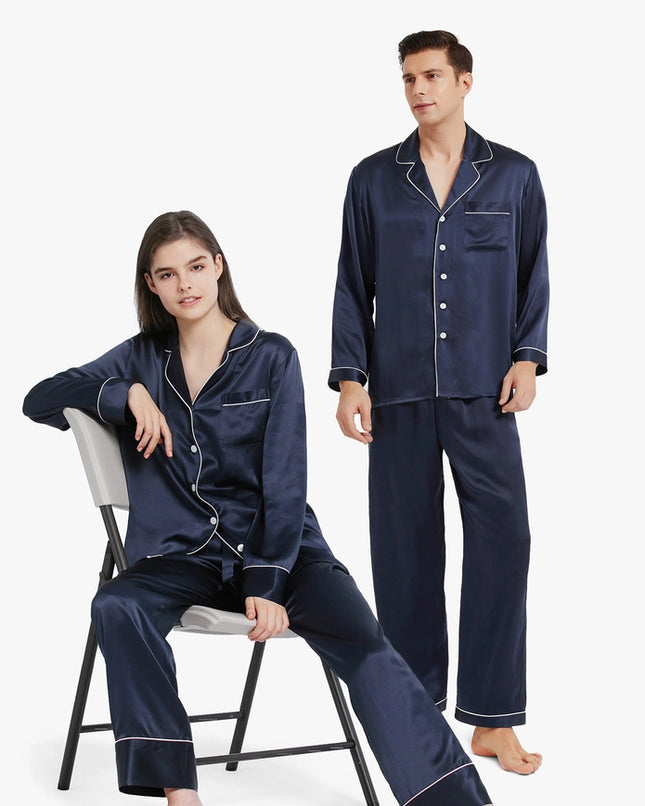 His & Hers Piped Silk Pajamas Navy Blue-Pajamas-MommeSilk-Urbanheer