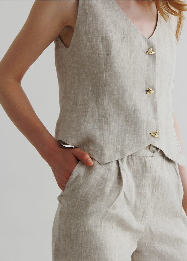 Set Of Beige Linen Shorts And Waistcoat-Sets-Nich Linen-XXS-Urbanheer