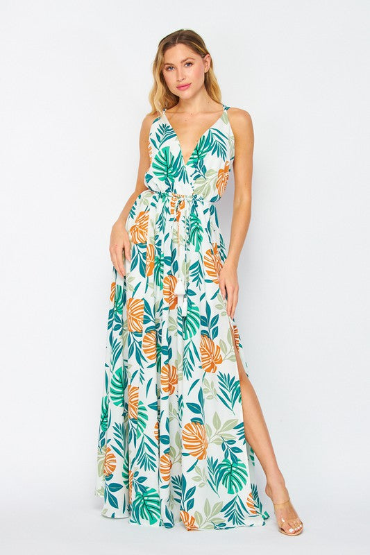 Print Sleeveless V Neck Wrap Maxi Dress-Dress-Pink Irene Wholesale-S-Urbanheer