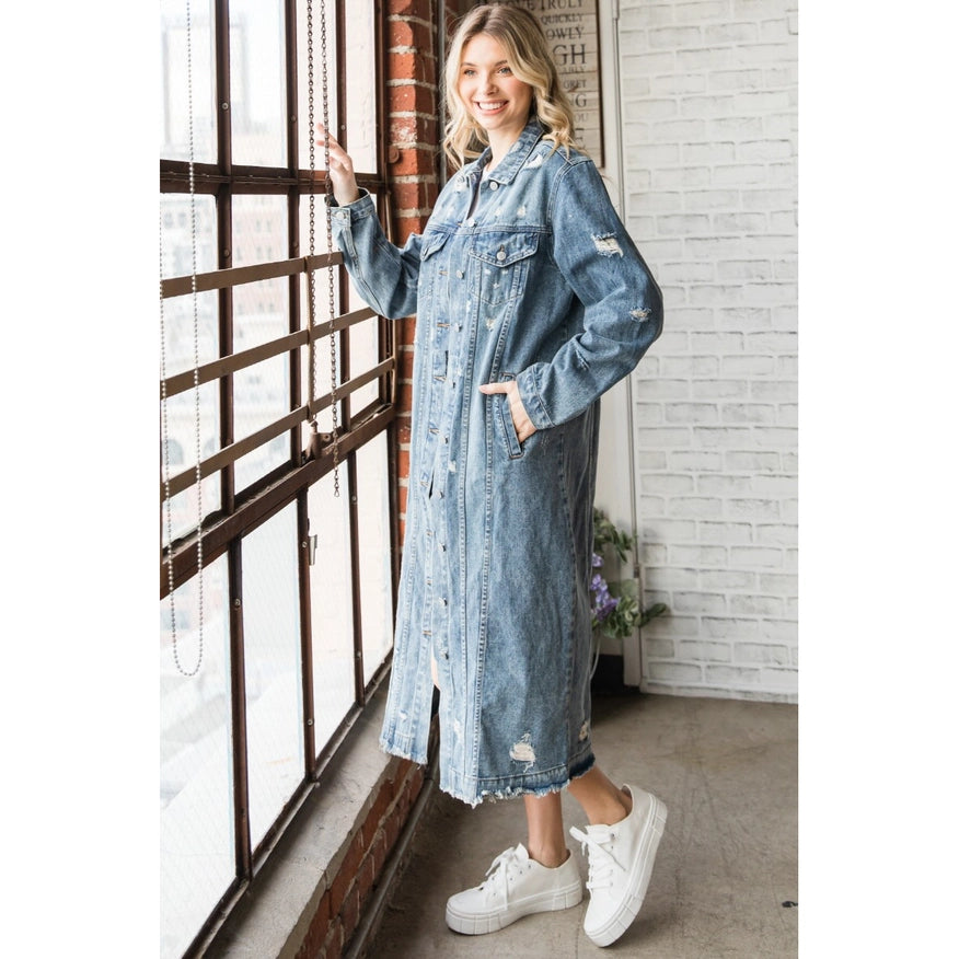 Long Sleeve Destroyed Denim Long Jacket-Jacket-Pink Irene Wholesale-S-Urbanheer
