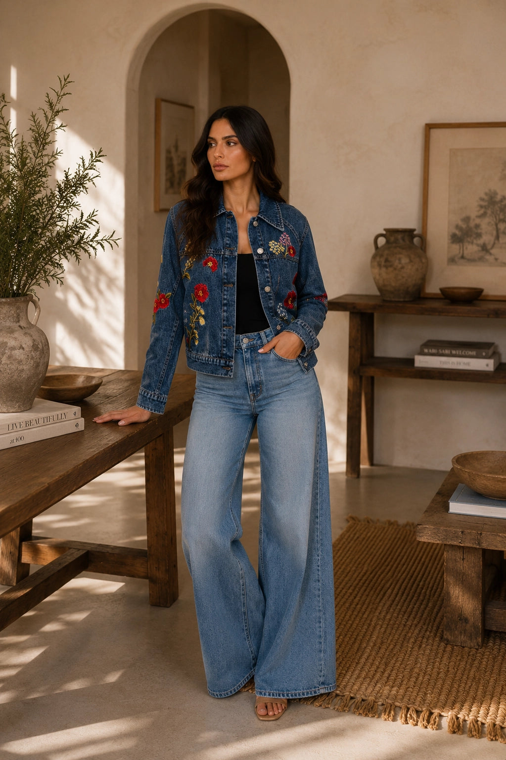 Embroidered Flora Denim Jacket | Blue