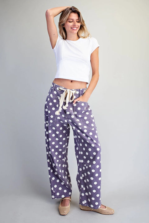 Polka Dot Front Tie Barrel Pants