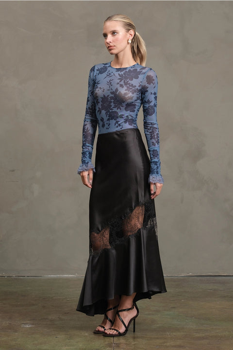 Satin Bias Lace Panel Skirt