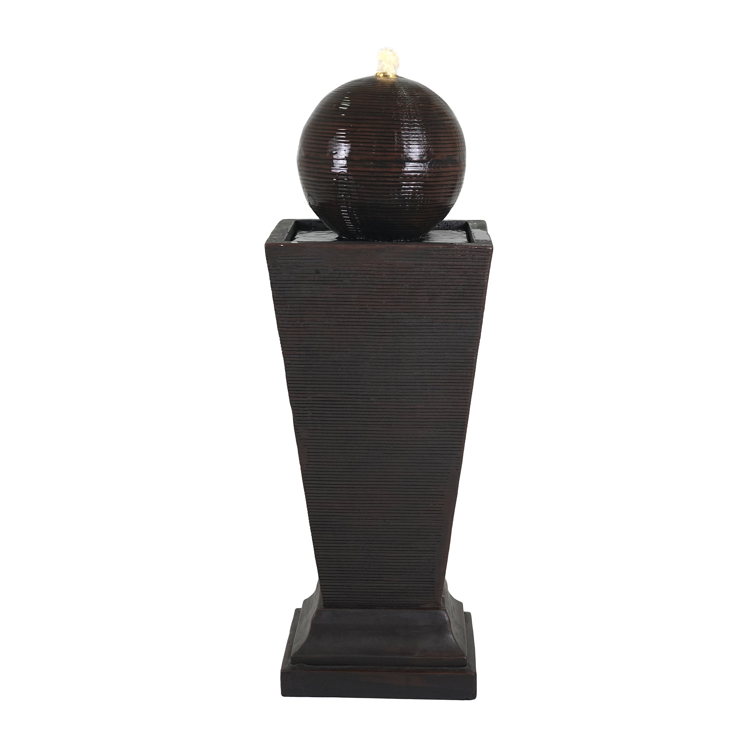 35.5' Dark Brown Concrete Tall Column Fountain with LED Lights – Retro Outdoor Decor, Weather-Resistant Feature