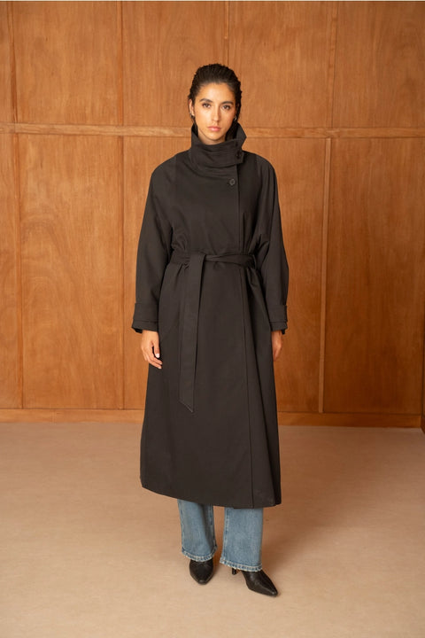 Utility Oversized Long Belted Trench with Stand-Up Collar