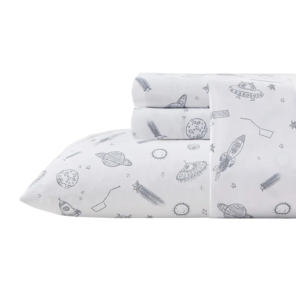 Printed Microfiber Kids Sheet Set, Grey Space Rocket-Olliix-Twin-Urbanheer