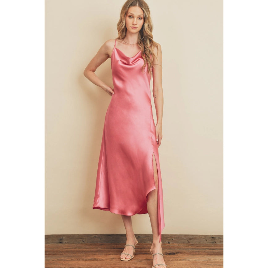 Asymmetrical Hem Slit Midi Dress Rose Pink-Midi Dress-Dress Forum-S-Urbanheer