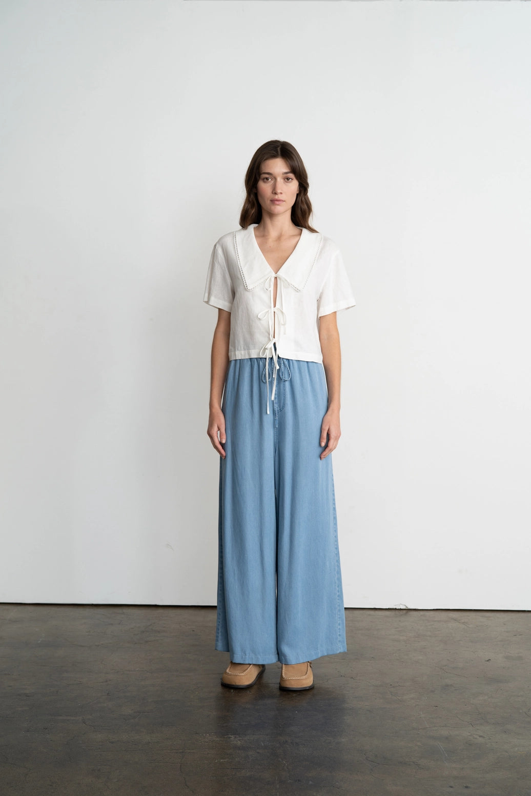 Chambray Elastic Waist Leg-Wide Pants