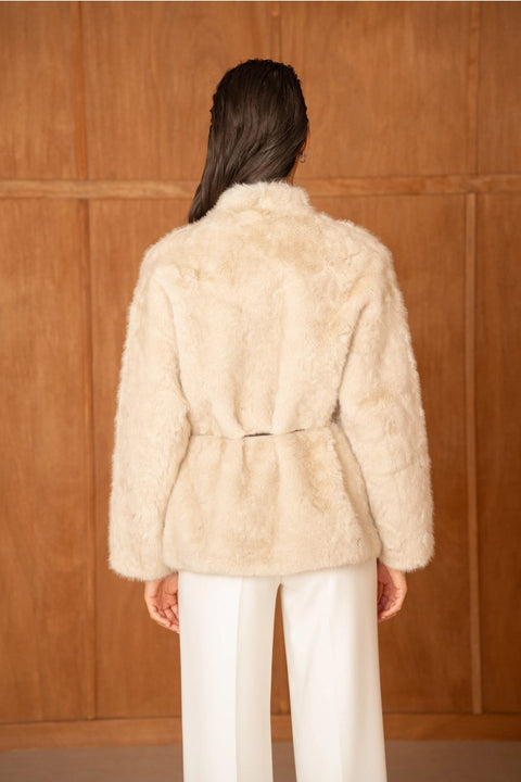 Mid-Length Belted Jacket with A High Faux-Fur Collar