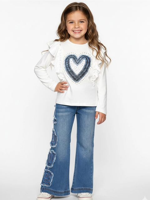 Long Sleeve Ruffle Top w/ Heart Print and Rhinestone Detail