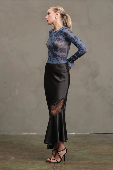 Satin Bias Lace Panel Skirt