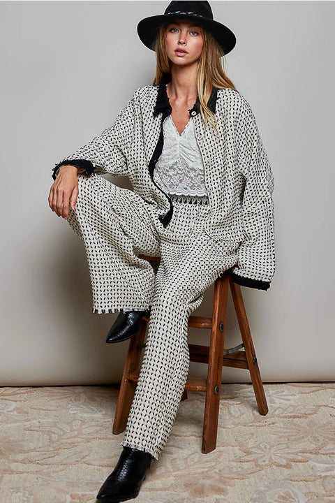 Allover Open-Weave Pattern Waistband Wide-Leg Pants